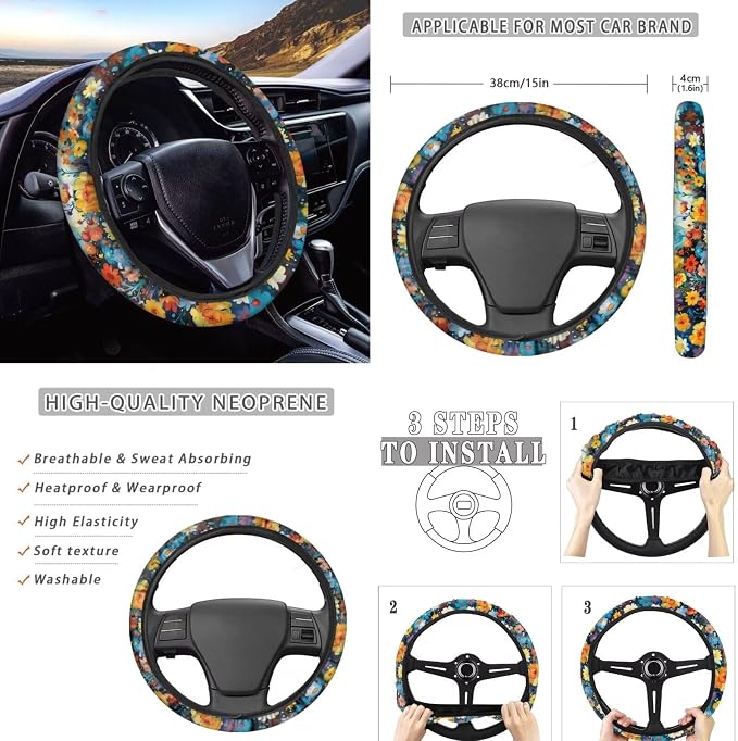 White Ghost Flower Print Car Seat Covers Full Set with Car Steering Wheel Cover, Auto Armrest Pad Protector, Auto Seat Belt Pads, Halloween Automitive Decorations