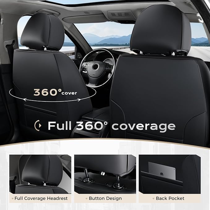 Coverado Leather Seat Covers Full Set, Black and Red Leather Car Seat Cover, Waterproof Car Seat Protector with Lumbar Support, Automotive Seat Covers Universal Fit for Most Cars SUV Truck