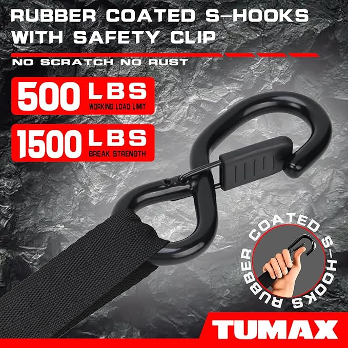 2-Pack Retractable Ratchet Tie Down Straps, 1" x 10ft with Soft Loops & S-Hooks, 1500lbs Break Strength Self-Retracting Cargo Straps for Truck, Trailer, Motorcycle, ATV, Kayak (Black)