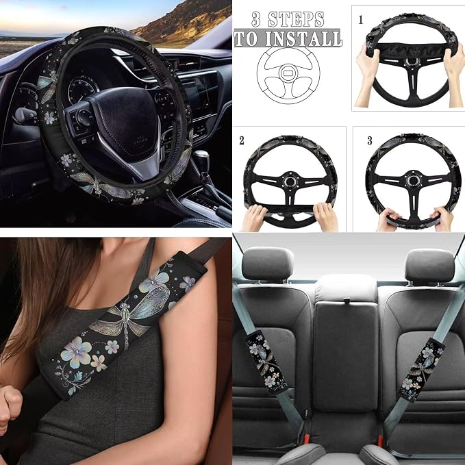Tupalatus Dragonfly Pattern Car Seat Covers Full Set Fashion Car Interior Accessories Steering Wheel Cover Auto Seat Belt Cover Coasters Gear Shift Cover Hand Brake Cover 9 Pieces