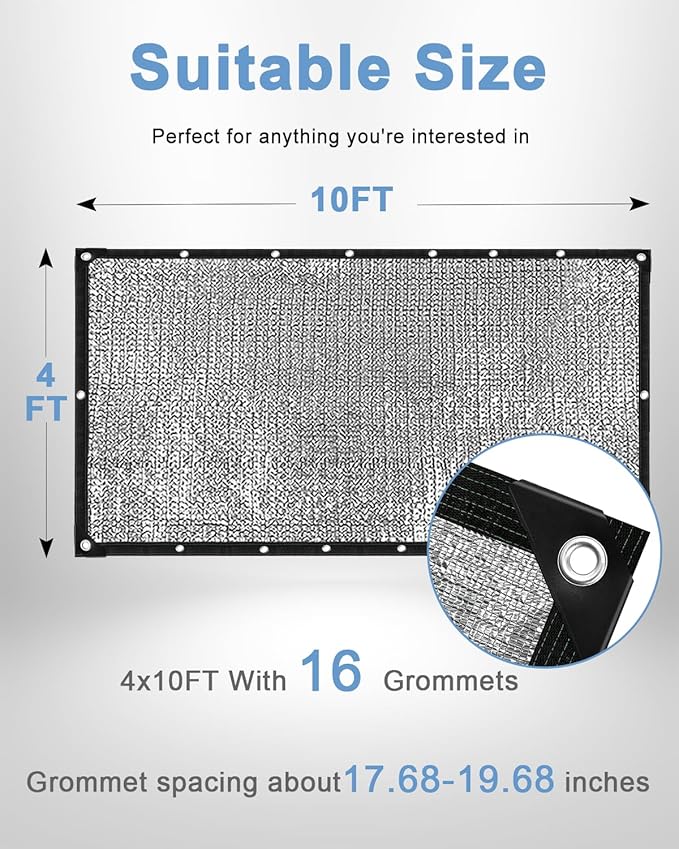 vensovo 95% Aluminum Shade Cloth - Reflective Aluminium Shade Netting Sun Shade Cover with Grommets for Cars, Dogs, Outdoor, RV, Patio (4x10FT)