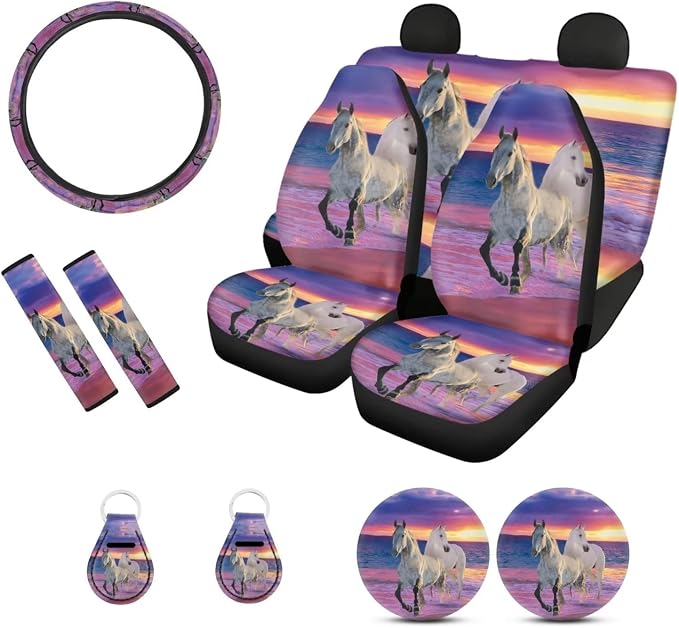 Suobstales Beach Horse Car Seat Covers for Women Animal Print Car Accessories with Steering Wheel Cover, Universal Seat Belt Pads, Cup Coaster, Keychain Full Set Interior Cover for Trucks SUV Van