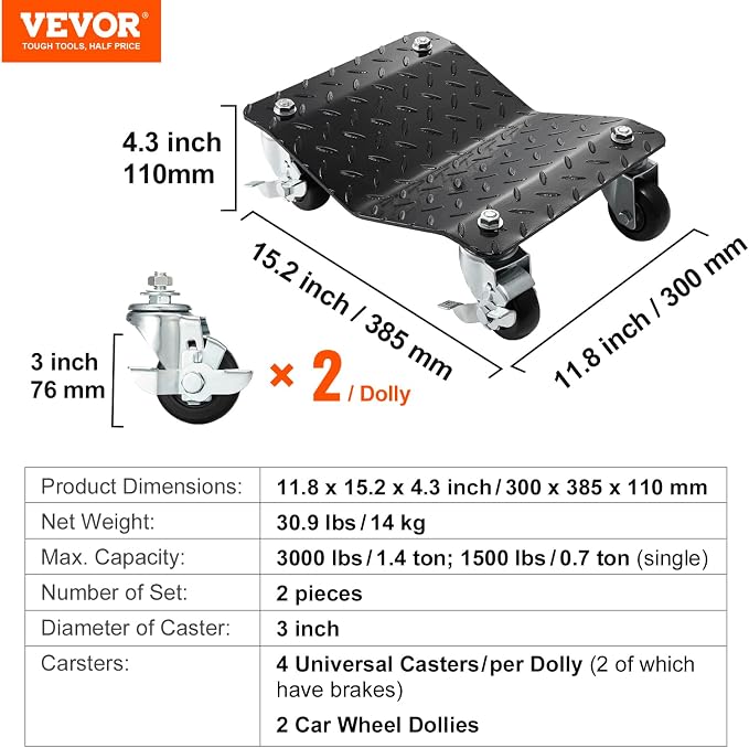 VEVOR Wheel Dolly, 3000 lbs Car Moving Dolly, Wheel Dolly Car Tire Stake Set of 2 Piece, Heavy-Duty Car Tire Dolly Cart Moving Cars, Trucks, Trailers, Motorcycles, and Boats