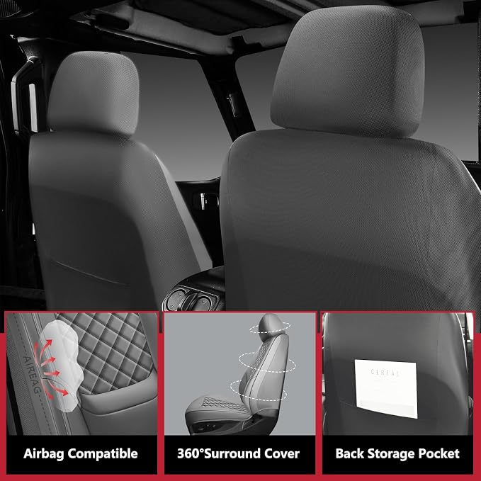 Wrangler Seat Covers 2007-2017 Front Pair, Waterproof Leather Interior Sets with Lumbar Support Custom Fit for Jeep Wrangler JK 2/4 Door Unlimited Sahara/Sport/Rubicon X 392 Willys, Gray