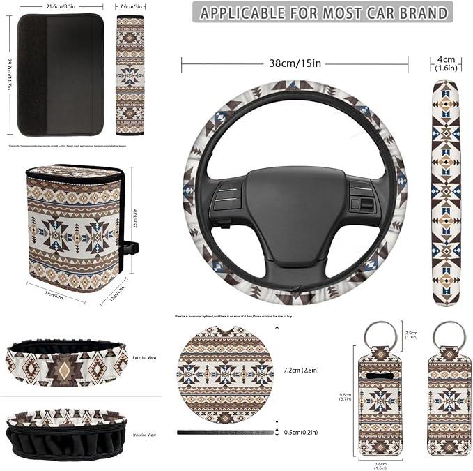 Fashion Aztec 12 Pack Car Seat Covers Full Set Steering Wheel Accessories Car Seat Belt Cover Rear View Mirror Cover Trash Bin Coasters Wristlet Keychain Chapstick Holder
