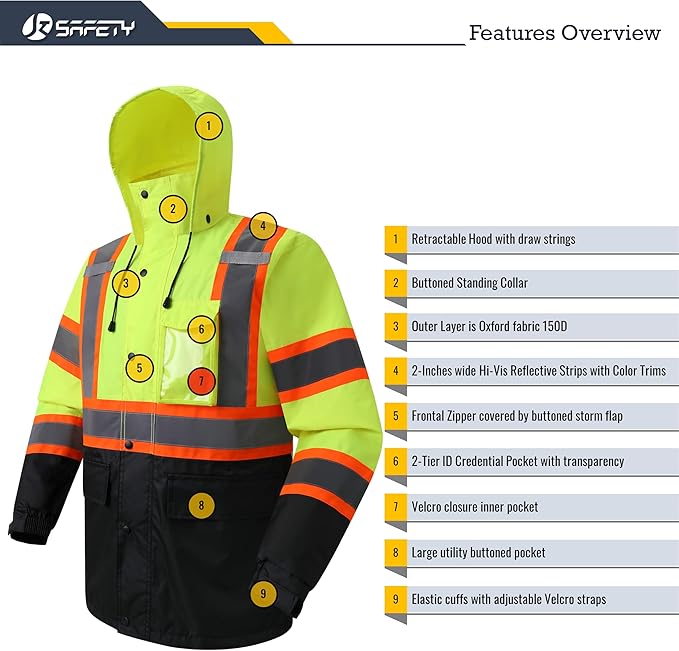 JKSafety Hi-Vis Reflective Safety Rain Jacket and Pants for Men Women Waterproof Rain Gears for Farming Fishing Work HV Rain Suit with Inner Mesh Lining and Pockets (117-Yellow XXL)