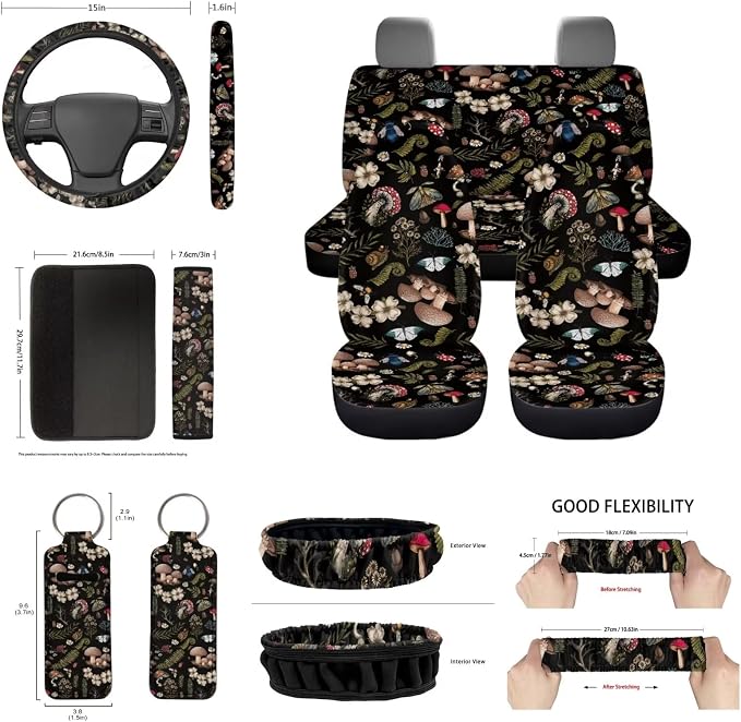 Cottagecore Mushrooms Seat Covers for Car,Wild Mushrooms Auto Interior Set of 14,Elastic Auto Steering Wheel Cover+Non Slip Coaster+Gear Shift Knob & Handbreak Cushion for Most Vehicle Truck