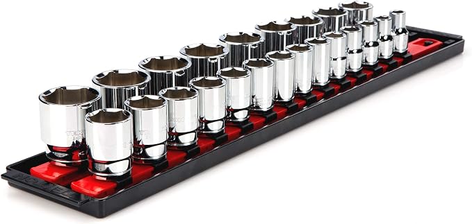 TEKTON 1/2 Inch Drive Shallow 6-Point Socket Set with Rails and Tray, 23-Piece (10 - 32 mm) | SHD92002