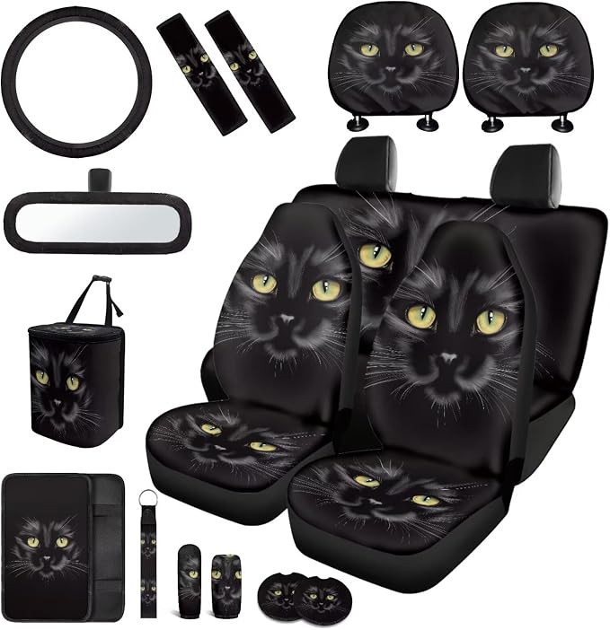 17Pcs Black Cat Car Seat Covers Full Set with Front and Split Rear Bench,Cool Cat Car Interior Accessories of 17 Pcs with Headrest Covers,Vehicle Trash Bag for Women Universal Fit Most Car