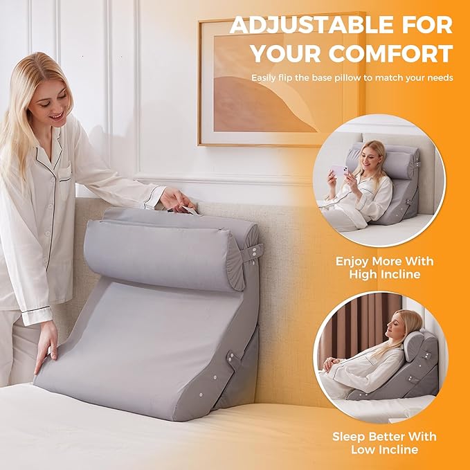 Ruqmuis 3PCS Wedge Pillow Set for After Surgery, Adjustable Back Pillow for Bed Sitting up, Acid Reflux, Bed Wedge Pillow Headboard for Sleeping&Snoring, Orthopedic Pillow for Post Surgery, Plush Grey