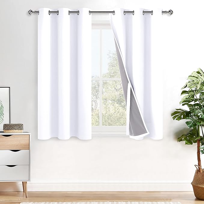 XWZO 100% Blackout Curtains 54 Inches Length with Tiebacks- Full Shade Window Drapes Thermal Insulated Double Layer with Black Liner for Bedroom/Living Room, Grommet Top, White, W42 x L54, Set of 2