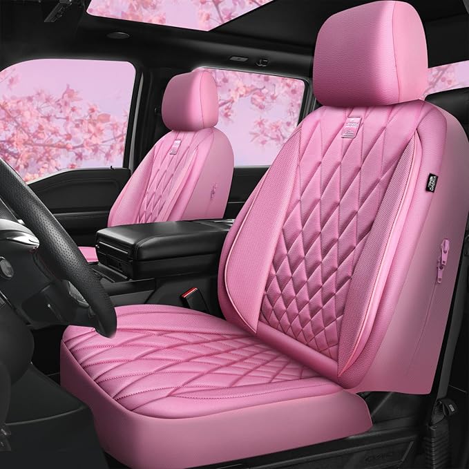 CAR PASS Piping Luxury Leather Two Front Car Seat Covers and 3 Piece Heavy Duty Deep Dish All Weather Rubber Car Floor Mats, Universal Fit for 95% Sedan SUV Van Truck, All Pink