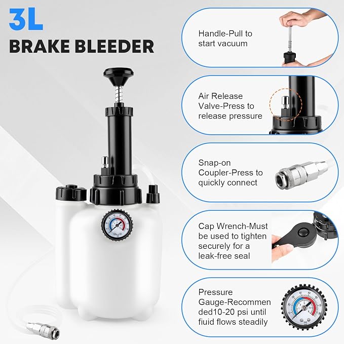 3L Brake Fluid Bleeder Kit with 1L Catch Bottle, Manual Pressure Brake Bleeder Tool One Person Brake Bleeding Kit with 4 Master Cylinder Adapters for Brake and Clutch System Flush