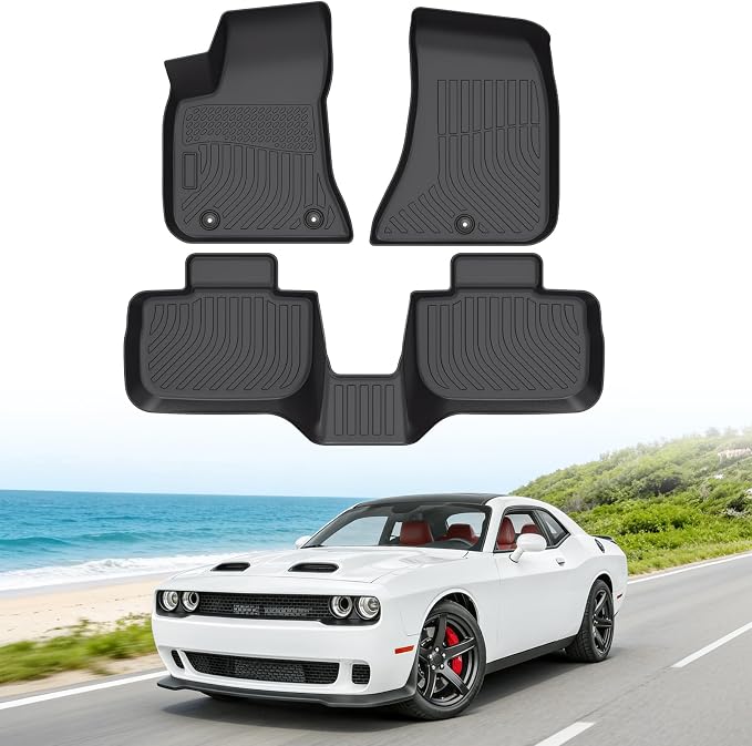 Floor Mats for Dodge Challenger RWD 2015-2023 (Not for AWD or 3.6L V6 Engine Models), Custom Fit Heavy Duty TPE All Weather Protection, Waterproof Non-Slip Black Car Liners (Two-Row Floor Mats)