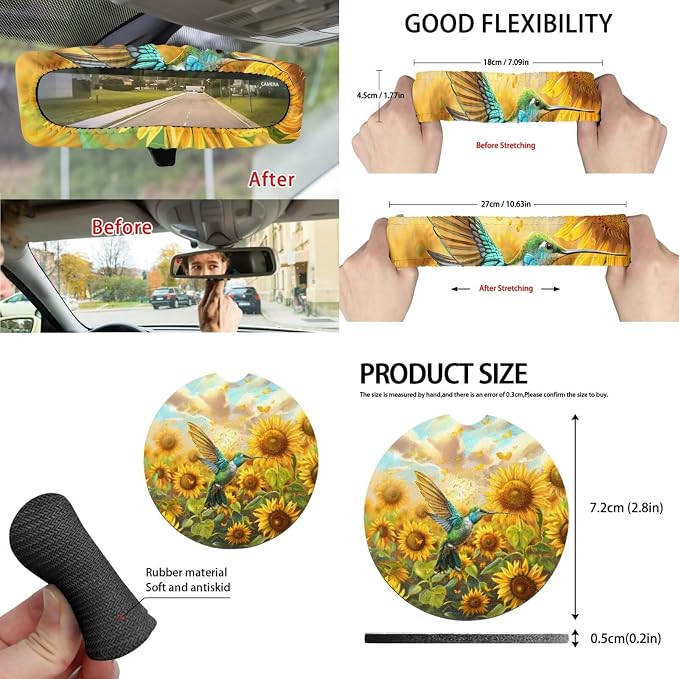 Sunflower Hummingbird 15 PCS Car Seat Cover Set with Auto Steering Wheel Cover Seat Belt Strap Protector Cup Holder Trash Bag Rear View Mirror Protector Keychain
