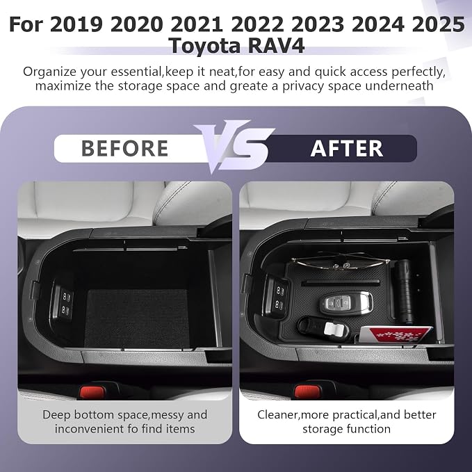 LUWU for 2025 Toyota RAV 4 Accessories Compatible with 2019 2020 2021 2022 2023 2024 2025 Toyota RAV 4 Center Console Organizer Armrest Console Secondary Storage Box Insert Tray ABS Material Black