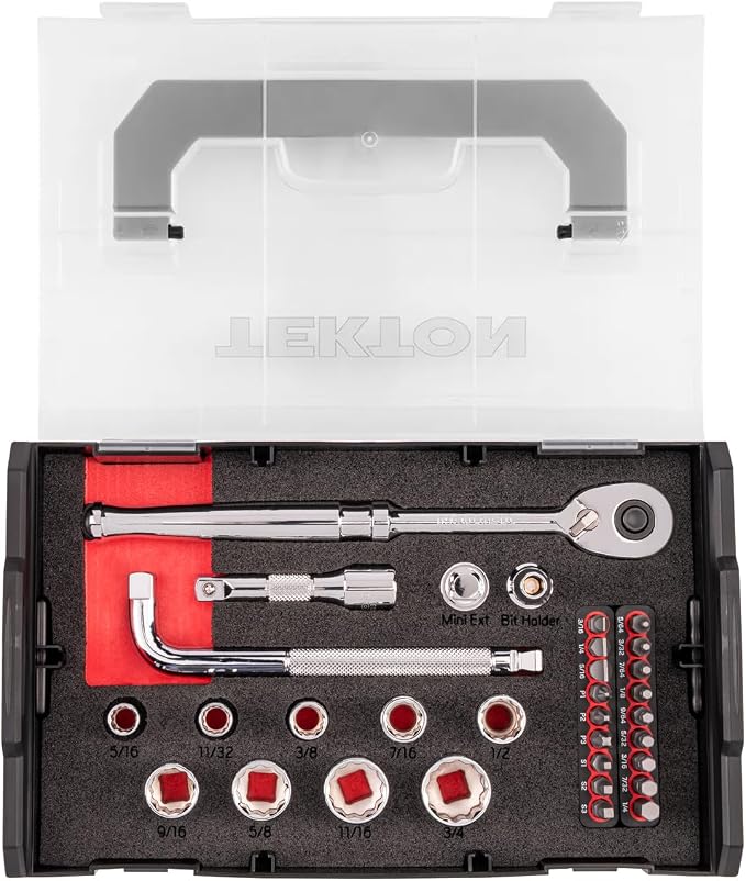 TEKTON 3/8 Inch Drive 12-Point Socket, Bit Ratchet Set, 32-Piece | SKT96101