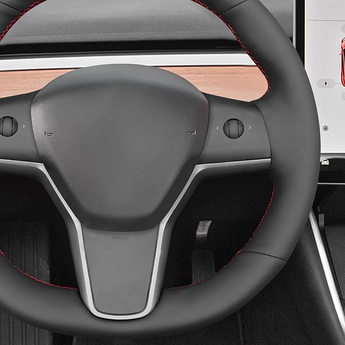 MEWANT DIY Black Smooth Genuine Leather Steering Wheel Cover Wrap for Tesla Model Y 2020-2023 Model 3 2017-2023