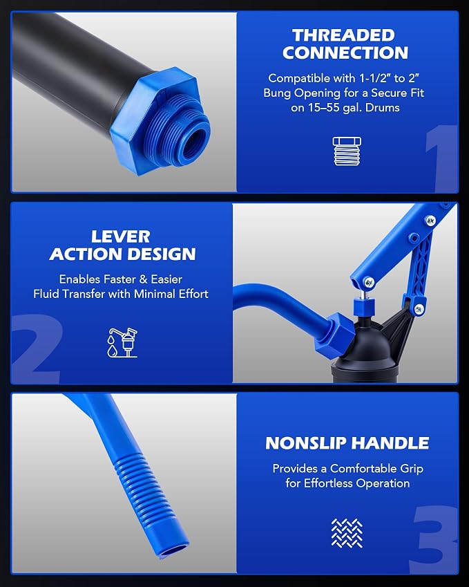 Orion Motor Tech 55 Gallon Drum Pump, Fits 5 to 55 Gallon Drums & Barrels, Lever Action Barrel Pump with 3 Section Suction Tube for Transfer of Chemicals, Acidic Solutions, Fuels, Water Based Fluids