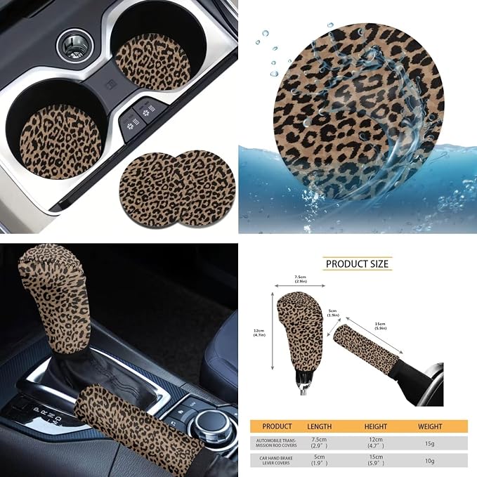 Tupalatus Leopard Universal Auto Accessories for Women,9 PCS Car Seat Covers Gear Shift Knob Cover+Car Handbrake Brake Cover+Seat Belt Shoulder Pads+Car Coaster+Steering Wheel Cover
