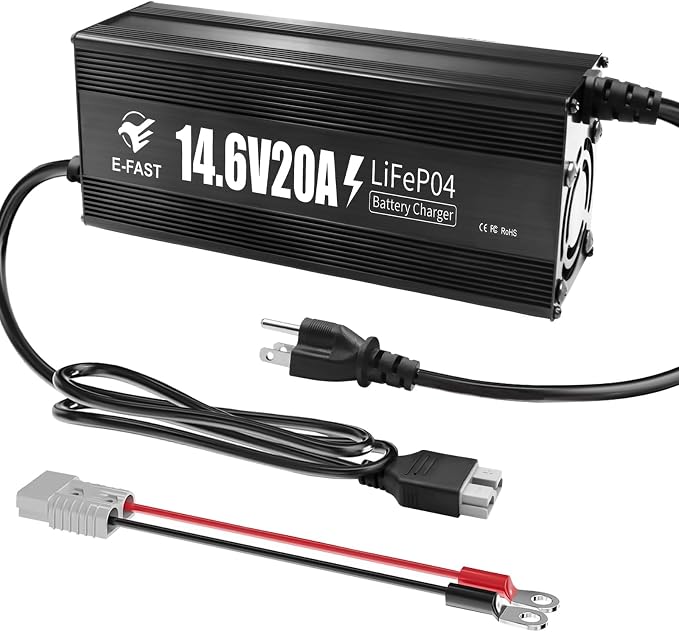 E-FAST 12V 20A Lithium Battery Charger, 14.6V LiFePO4 Battery Charger with Premium Aluminum Housing - 0V Activation for Golf Cart, RV, Marine, Boat, Trolling Motor - Includes Anderson Connector