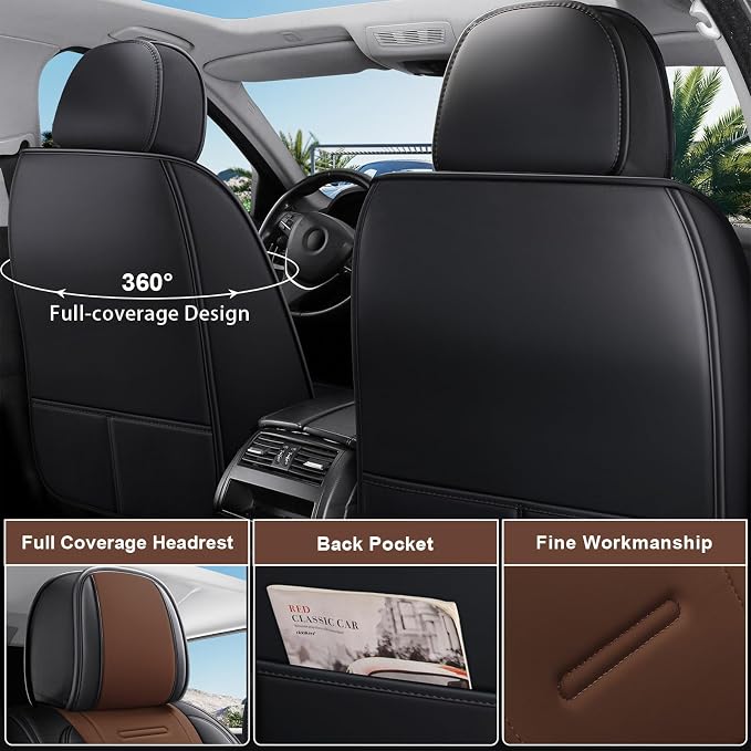 otoez Nappa Leather Car Seat Covers Full Set, Breathable Leather Automotive Seat Covers Front & Rear Seat Protectors with Lumbar Support, Universal Fit for Most Cars SUV Truck Sedan(Black+Brown)