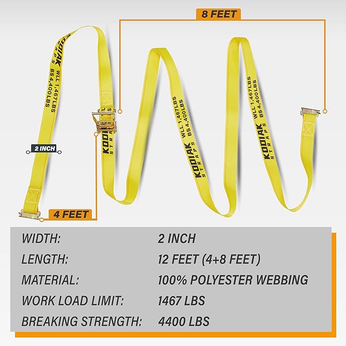 4 Pack E-Track Ratchet Straps 2" x 12' x 4,400 lbs Strength for Cargo Tie Down in Enclosed Trailer & Van by KODIAK STRAPS