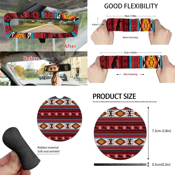 Wolf Tribal Aztec Car Seat Covers Set of 15 with Universal Steering Wheel Cover, Rearview Mirror Cover, Car Trash Can, Seatbelt Pads, Cup Holder Coasters, Keychains