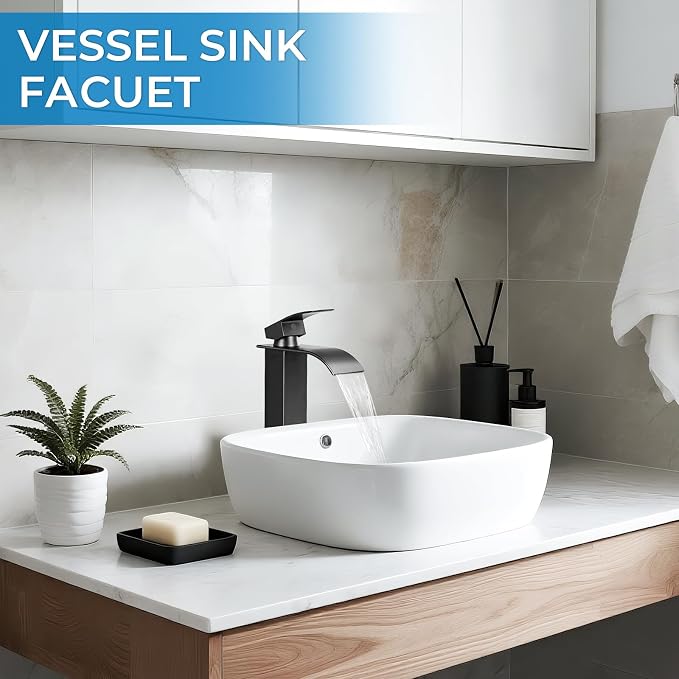Black Bathroom Faucets, Tall Waterfall Bathroom Sink Faucet Modern Single Handle Bathroom Faucte 1 Hole, Tall Spout Vessel Faucet Mixer Tap Washbasin Faucet with Pop-up Drain, Supply Hoses