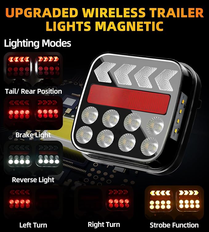 Wireless Trailer Lights, Magnetic Trailer Lights Kit with 4-Pin/7-Pin Transmitter, Rechargeable IP67 Portable Tail Lamps for Truck Boat RV Camper