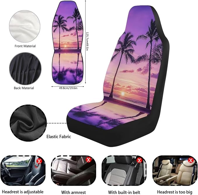 Palm Trees Sunset 11 Pack Car Seat Covers Sets Car Front Seat Cover Auto Seat Belt Cover Rear View Mirror Cover Cup Coasters Keychain Holder Universal Fit Most Cars SUV