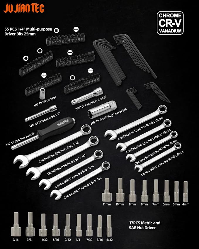 201-Piece Mechanics Tools Set, SAE & Metric Impact Socket Set, 1/2'', 1/4'', 3/8'' Drive, with Ratchet Wrench & Extension, Premium CRV Alloy Steel, with Molded Case