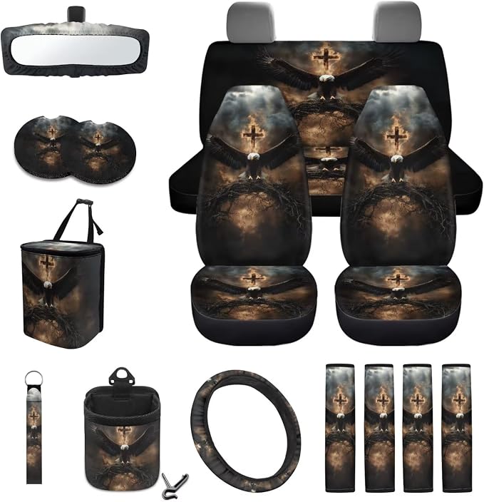 Eagle Cross Pattern 15 PCS Car Interior Accessories, Car Seat Covers + Steering Wheel Cover + Seat Belt Pad + Trash Can + Keychain + Air Vent Storage Bag + Coasters