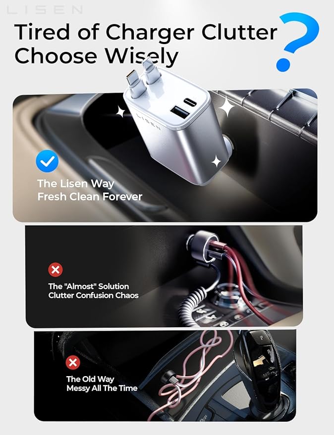 LISEN White Retractable Car Charger, for Gifts for Him Her, for iPhone 17, Cute 4 in 1 Retractable USB C Car Charger for Women, 75W Fast Charging Car Accessories for iPhone & Samsung S26 & Android