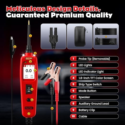 PS100PRO Automotive Circuit Tester and Short Finder, 12V/24V Power Circuit Probe Kit with AC/DC Voltage Tester, Current Probe, Component Activation Tool, Includes 20FT+20FT Cable