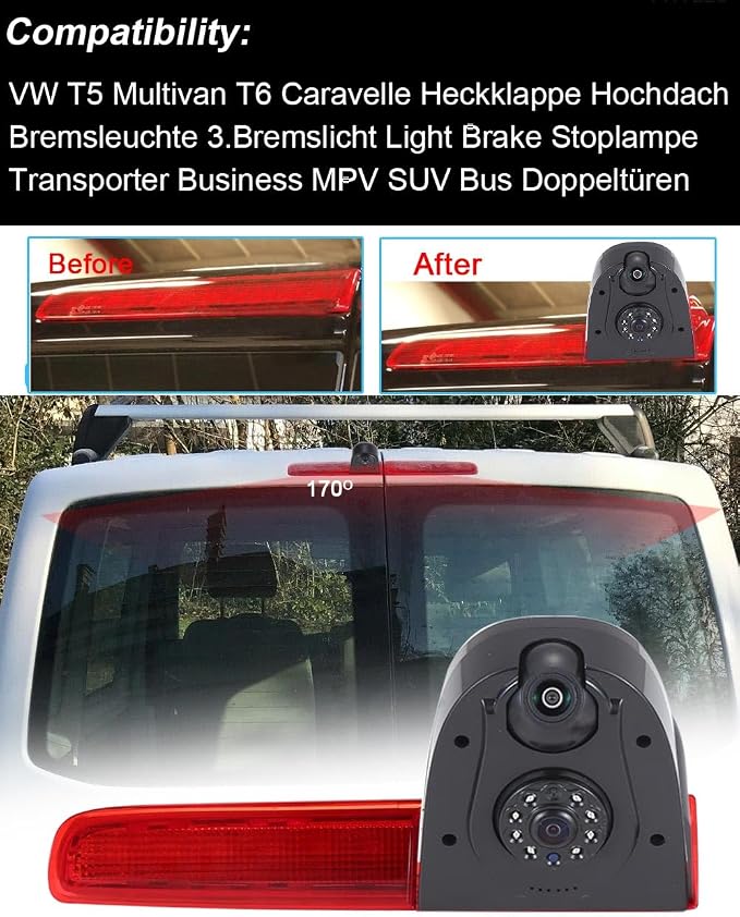 【New Super Dual Lens】 Car Rear View Camera 3rd Brake Light Reversing System, for VW T5 Multivan T6 Caravelle Tailgate high roof Brake Stop lamp Transporter Business MPV SUV Bus Double Doors