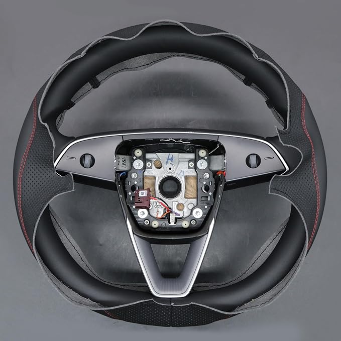 MEWANT Hand Stitch Black Faux Leather Steering Wheel Cover for Tesla Model 3 Highland Model Juniper DIY Steering Wrap