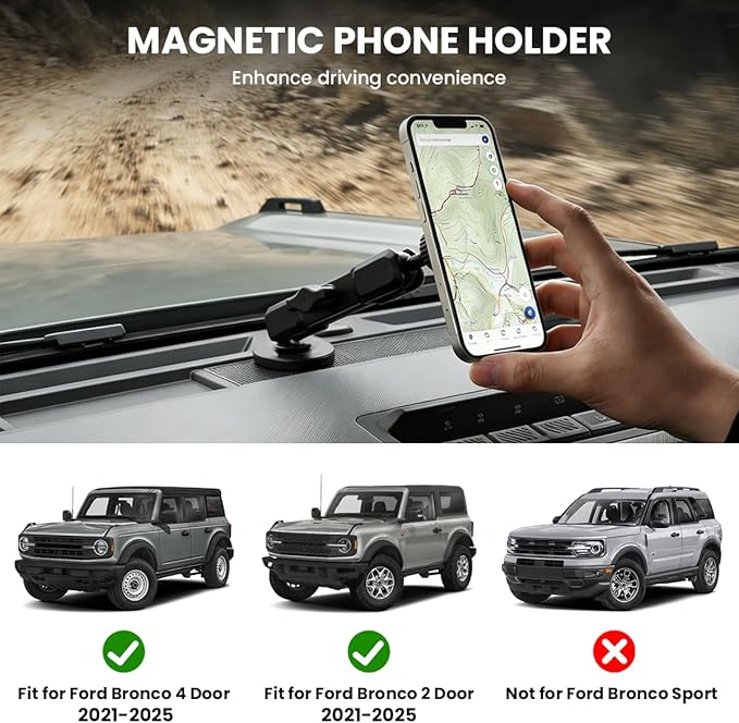 Car Phone Holder Fit for Ford Bronco 2021-2025 2/4 Door Compatible with Magsafe, Magnetic Dash Phone Mount Hands-Free 360° Rotation (Not for Bronco Sport)