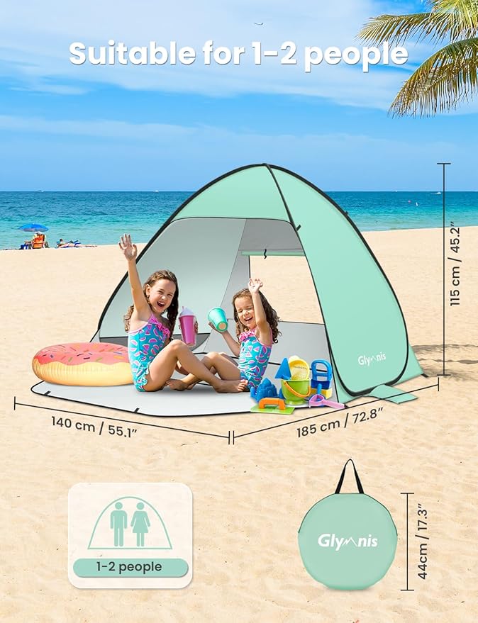 Glymnis Pop Up Beach Tent Beach Shade Tent for 1-4 Persons Sun Shelter UPF 50+ Enclose Zipper Door Portable Easy Up Beach Tent