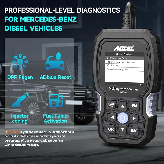 ANCEL BZ700 Mercedes Benz Sprinter/Vaneo/Vito/Viano/V/Metris/Citan/X Smart OBD2 Scanner, Full System Automotive Car Code Reader with All Reset Services, Battery Reset ABS Bleed Airbag EPB Oil SAS TPS