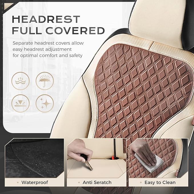 Coverado Car Seat Covers Full Set, Beige Brown Car Seat Covers, Luxury Diamond Leather Car Seat Cover with Carbon Fiber Weave, Spill-Proof Seat Cushions, Automotive Seat Cover Universal Fit Most Cars