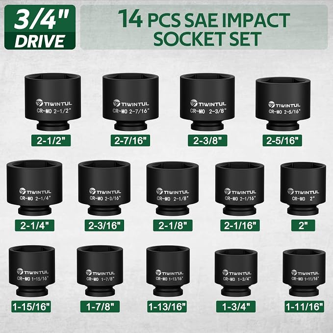 3/4" Drive Impact Socket Set, 14 Pieces SAE (1-11/16” to 2-1/2”) | Spindle Axle Nut Socket Set, 6-Point, CR-MO Steel Large Impact Socket Set with Storage Case for Truck, Railroad, Bridge
