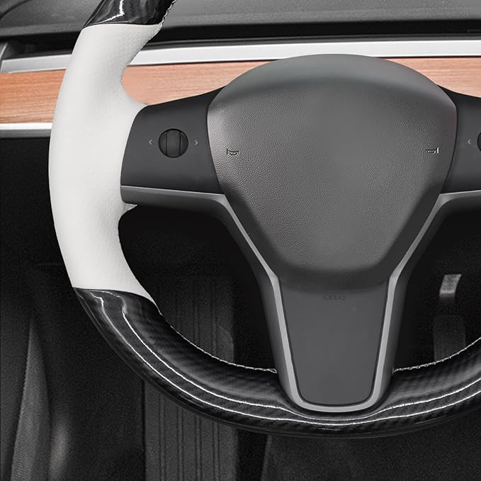 MEWANT Hand Stitch White Faux Leather PU Carbon Fiber Steering Wheel Cover Wrap for Tesla Model Y 2023 Model 3 2023