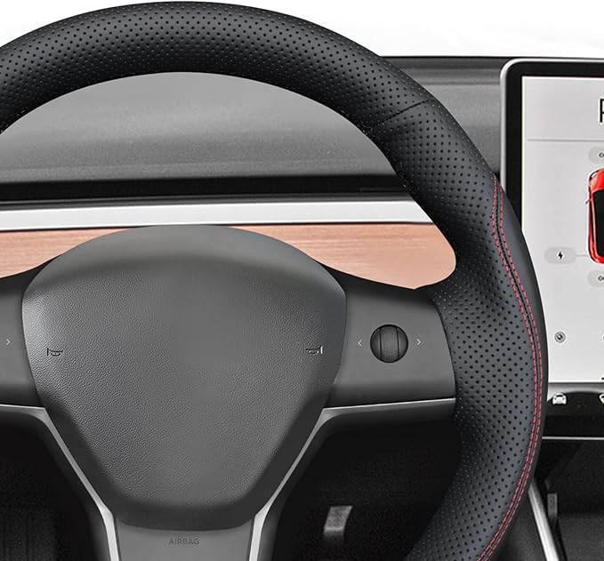 MEWANT Hand Stitch Black Faux Leather Steering Wheel Cover for Tesla Model Y 2023 Tesla Model 3 2023 DIY Steering Wrap