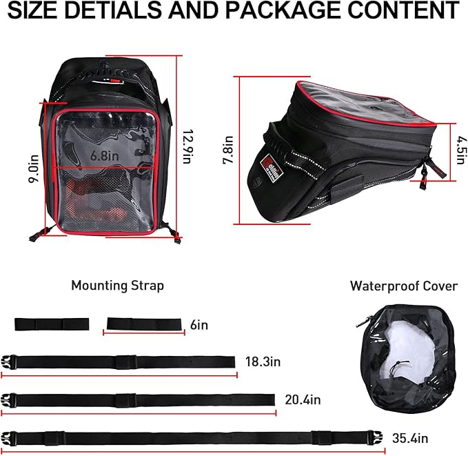 Motorcycle Tank Bag w/Strap Storage Bag Compatible with Honda Yamaha Suzuki Kawasaki Harley Water Resistant (Red Piping)