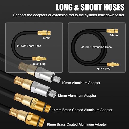 JIFETOR Cylinder Leak Down Tester Kit, Automotive Engine Compression Dual Gauge Leakdown Test Set with 10 12 14 18mm Spark Plugs Universal for Small Engine Motorcycle ATV, Black Case