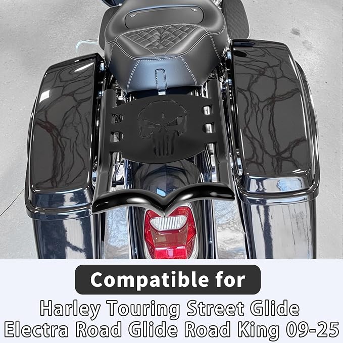 Crown Detachable Luggage Rack for Harley Touring 2009-2026 Street Road Electra Glide/Road King, Black （Skull）