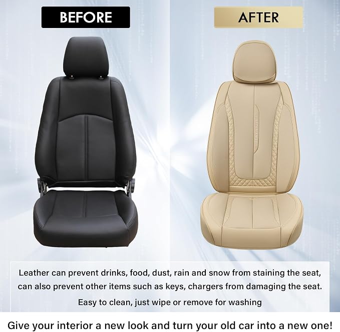 Coverado Car Seat Cover Front Seat, Beige Seat Covers Front Seats, Nappa Leather Waterproof, Car Seat Cushion, Car Seat Protector Universal Fit Most Cars