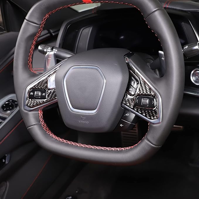 Steering Wheel Button Cover Compatible with Chevrolet Corvette C8 2020-2023, Steering Wheel Frame Trim, Car Steering Wheel Panel Protection Frame Molding Sticker (Black carbon fiber sticker)