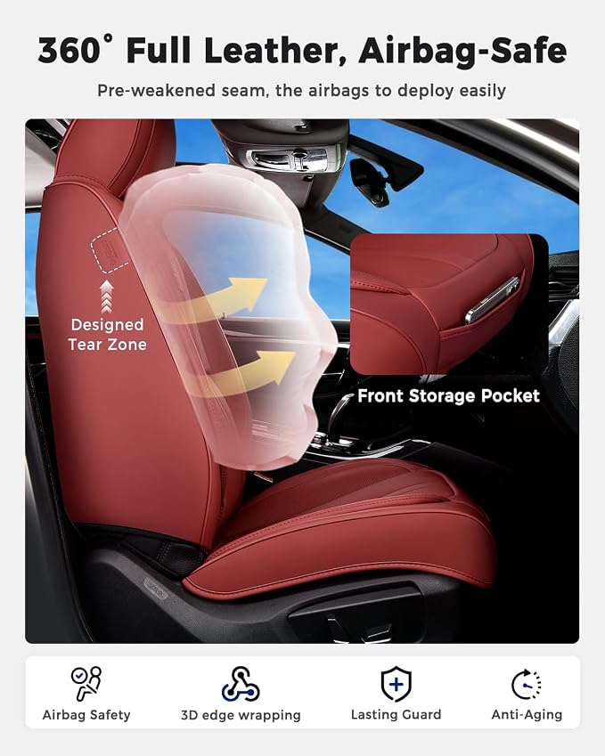 Huidasource Red Seat Covers Luxury Nappa Leather, Car Seat Covers with Velcro Adjustable, Airbag, Lumbar Support, Cooling ＆ Heating, Automotive Seat Covers Universal Fit for Most Cars SUV Trucks, Red